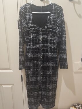 Black Halo 'Mae' Black and White Tweed Long Sleeve Dress NWT Size 10